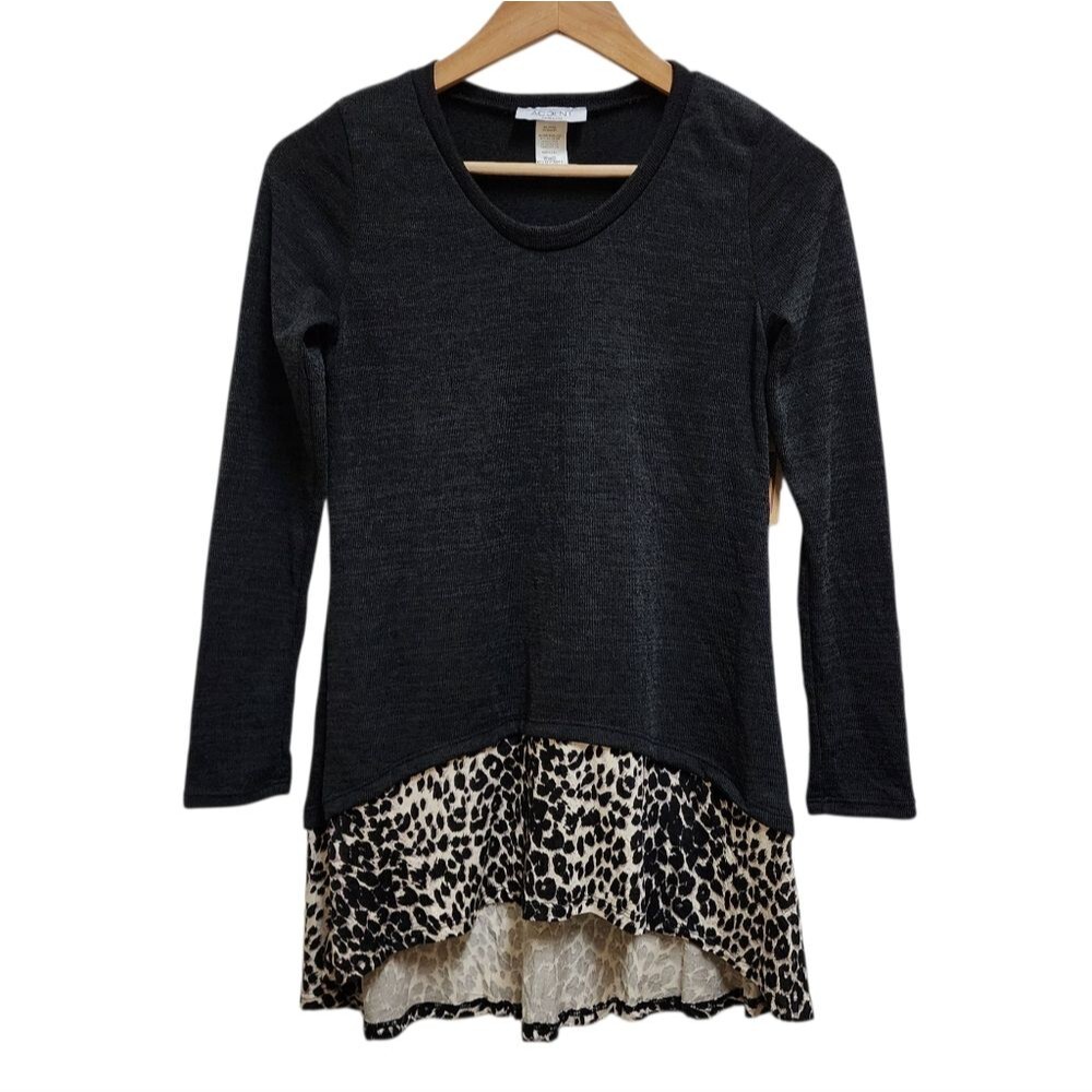 Accent Black Leopal Print Stretch Knit Tunic Top Women S Hi Low Layered Pullover